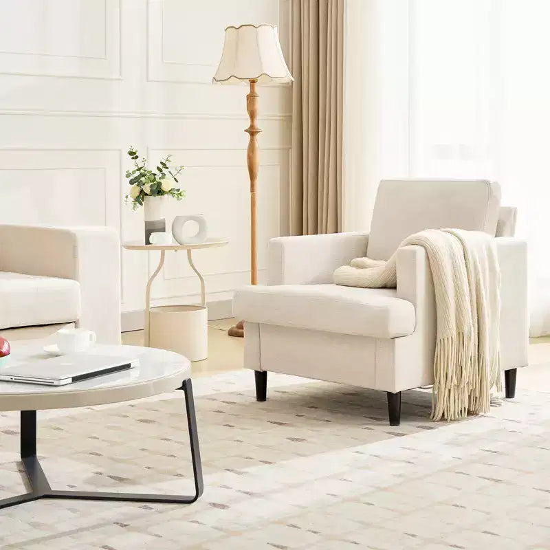 Poltrona Moderna con Rivestimento in Lino, Poltroncina Imbottita con Gambe in Legno, Comoda Poltrona per Soggiorno, Camera da Letto, Sala Lettura, Ufficio