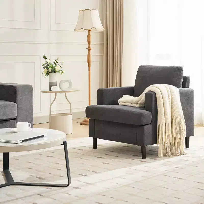 Modern Accent Chair with Linen Fabric, Upholstered Armchair with Wood Legs, Comfy Living Room Chair for Bedroom, Reading Room, Office