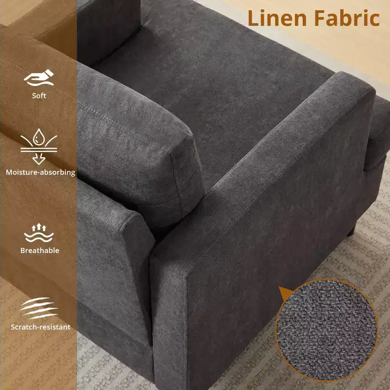 Modern Accent Chair with Linen Fabric, Upholstered Armchair with Wood Legs, Comfy Living Room Chair for Bedroom, Reading Room, Office
