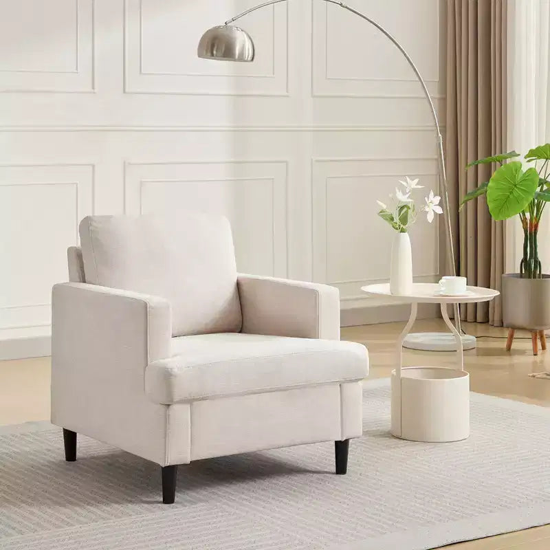Modern Accent Chair with Linen Fabric, Upholstered Armchair with Wood Legs, Comfy Living Room Chair for Bedroom, Reading Room, Office
