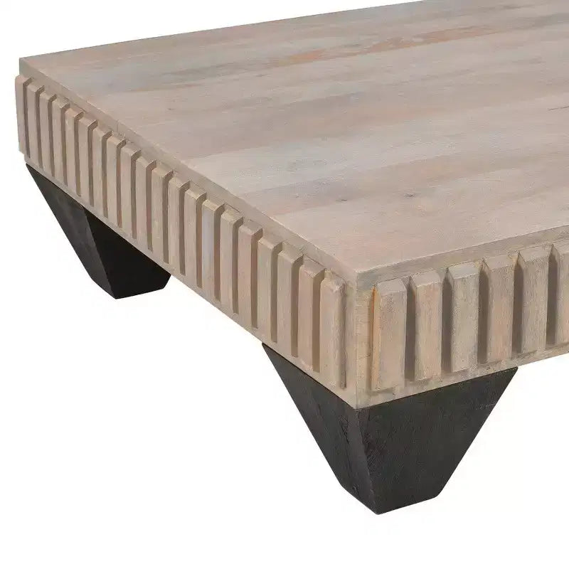 Tokyo Inspired 36 Inch Square Mango Wood Coffee Table-Handcrafted with Elegant Sandblasted Gray Finish and Tapered Legs