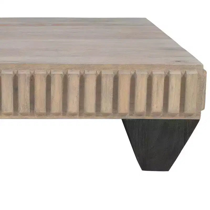 Tokyo Inspired 36 Inch Square Mango Wood Coffee Table-Handcrafted with Elegant Sandblasted Gray Finish and Tapered Legs