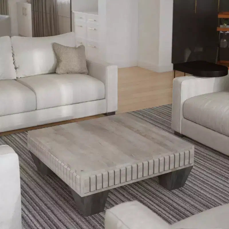 Tokyo Inspired 36 Inch Square Mango Wood Coffee Table-Handcrafted with Elegant Sandblasted Gray Finish and Tapered Legs