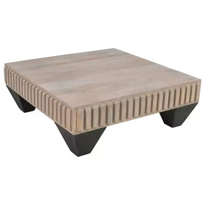 Tokyo Inspired 36 Inch Square Mango Wood Coffee Table-Handcrafted with Elegant Sandblasted Gray Finish and Tapered Legs