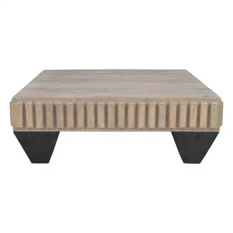 Tokyo Inspired 36 Inch Square Mango Wood Coffee Table-Handcrafted with Elegant Sandblasted Gray Finish and Tapered Legs