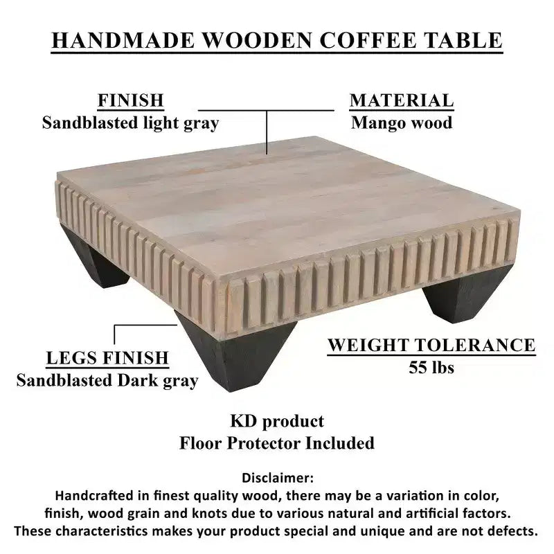 Tokyo Inspired 36 Inch Square Mango Wood Coffee Table-Handcrafted with Elegant Sandblasted Gray Finish and Tapered Legs