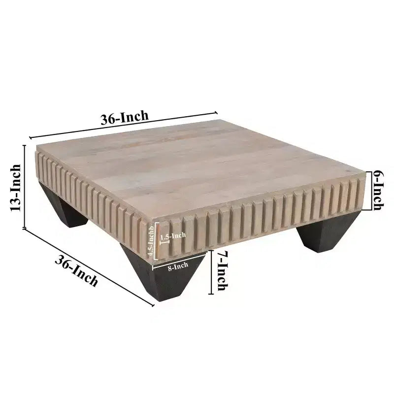 Tokyo Inspired 36 Inch Square Mango Wood Coffee Table-Handcrafted with Elegant Sandblasted Gray Finish and Tapered Legs
