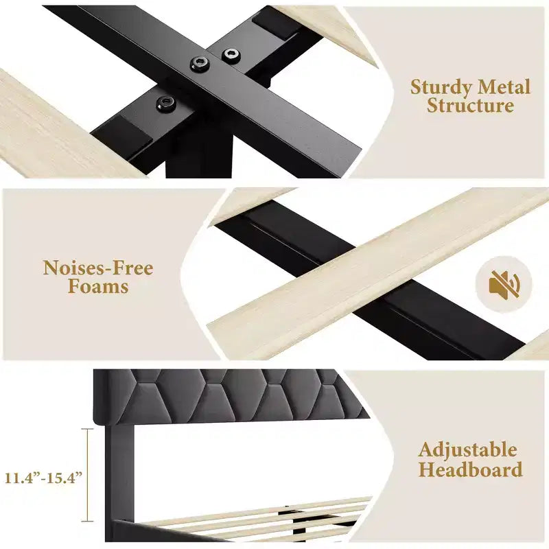 Upholstered Platform Bed Frame with Adjustable Headboard  Heavy-Duty, Noise-Free, No Box Spring Needed