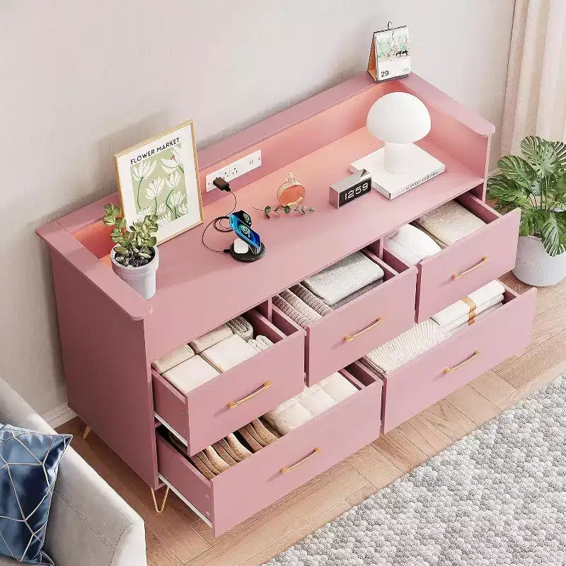 47 Inch Wide Dresser for Bedroom with 5 Spacious Drawers and LED Lights, Chest of Drawers with Built-in Charging Station, Freestanding Cabinet