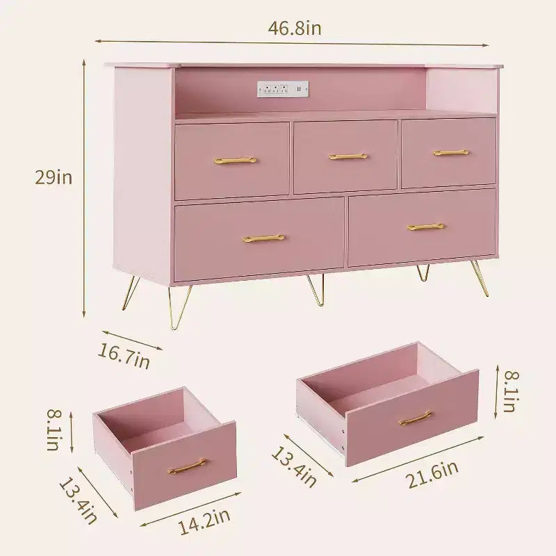 47 Inch Wide Dresser for Bedroom with 5 Spacious Drawers and LED Lights, Chest of Drawers with Built-in Charging Station, Freestanding Cabinet