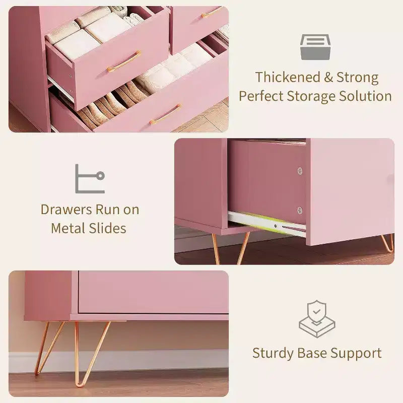 47 Inch Wide Dresser for Bedroom with 5 Spacious Drawers and LED Lights, Chest of Drawers with Built-in Charging Station, Freestanding Cabinet