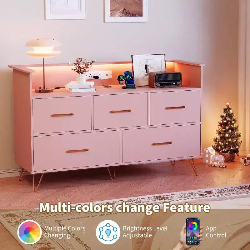 47 Inch Wide Dresser for Bedroom with 5 Spacious Drawers and LED Lights, Chest of Drawers with Built-in Charging Station, Freestanding Cabinet