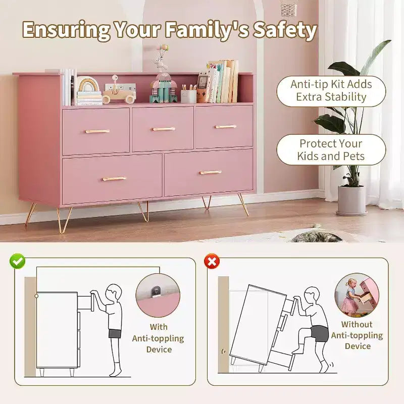 47 Inch Wide Dresser for Bedroom with 5 Spacious Drawers and LED Lights, Chest of Drawers with Built-in Charging Station, Freestanding Cabinet
