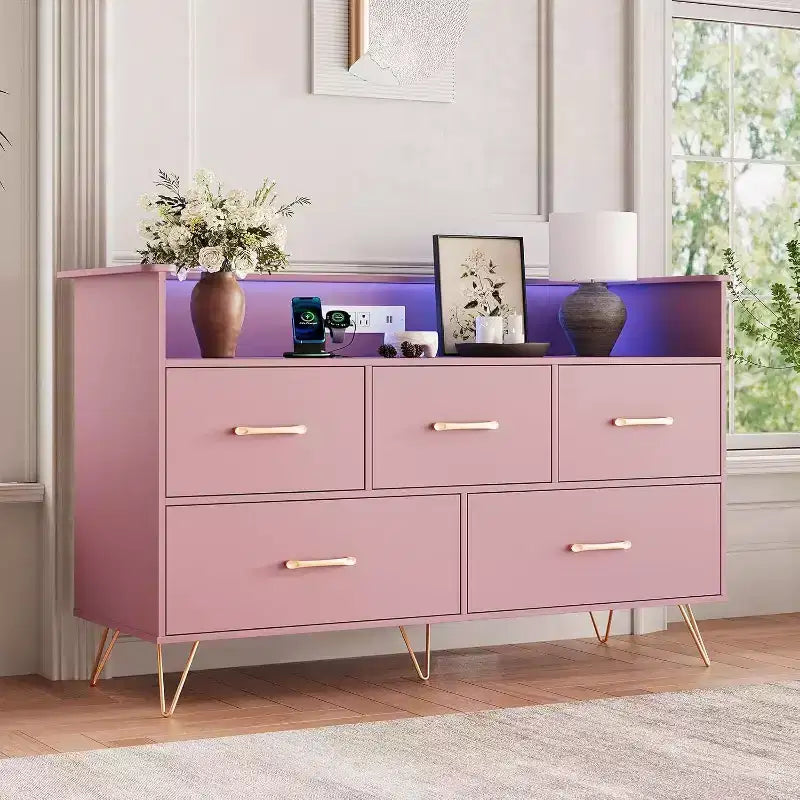 47 Inch Wide Dresser for Bedroom with 5 Spacious Drawers and LED Lights, Chest of Drawers with Built-in Charging Station, Freestanding Cabinet