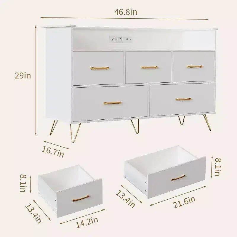 47 Inch Wide Dresser for Bedroom with 5 Spacious Drawers and LED Lights, Chest of Drawers with Built-in Charging Station, Freestanding Cabinet
