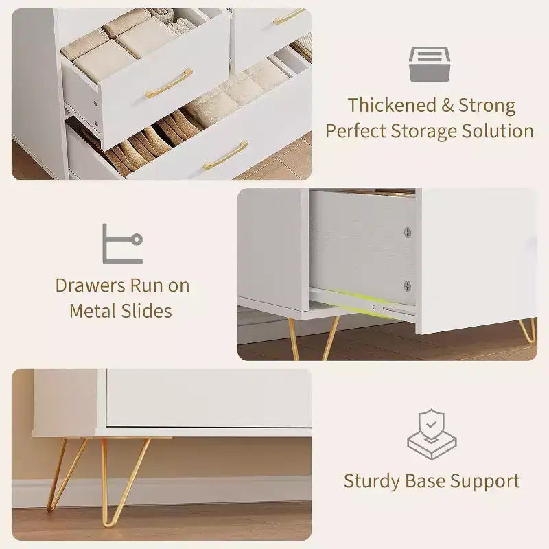 47 Inch Wide Dresser for Bedroom with 5 Spacious Drawers and LED Lights, Chest of Drawers with Built-in Charging Station, Freestanding Cabinet