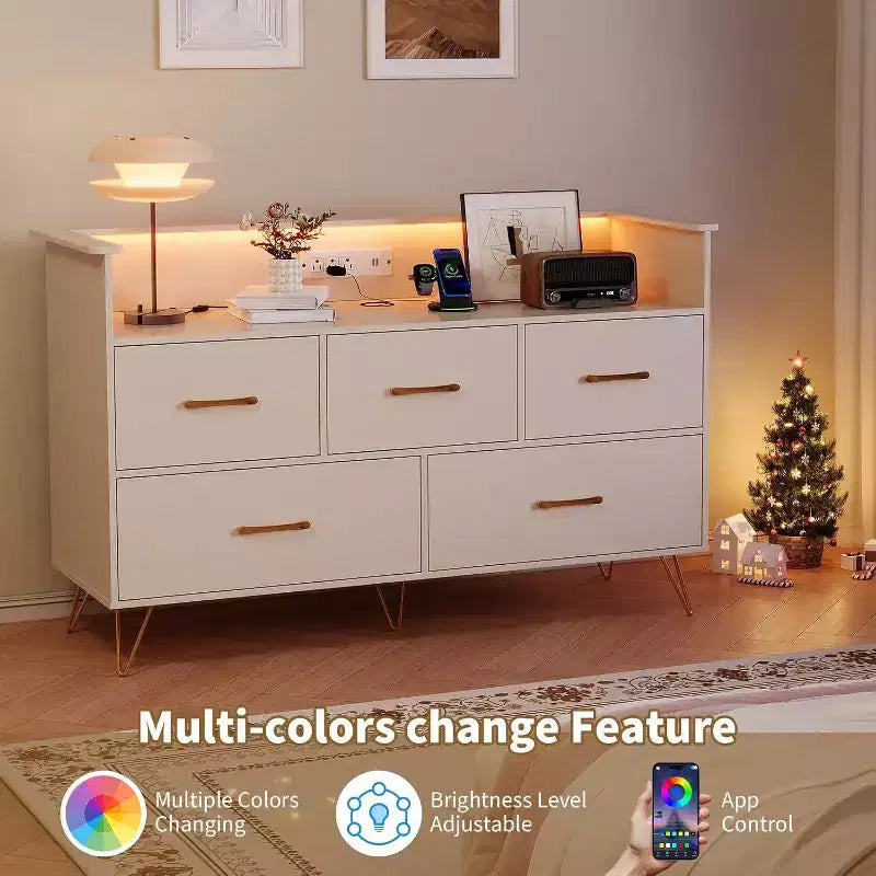 47 Inch Wide Dresser for Bedroom with 5 Spacious Drawers and LED Lights, Chest of Drawers with Built-in Charging Station, Freestanding Cabinet