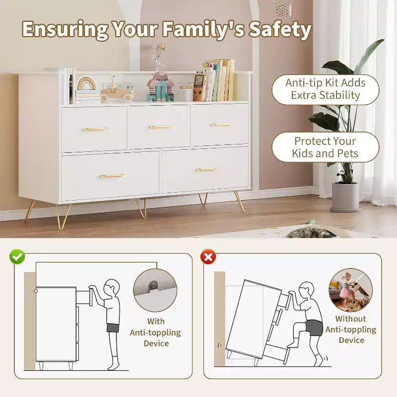 47 Inch Wide Dresser for Bedroom with 5 Spacious Drawers and LED Lights, Chest of Drawers with Built-in Charging Station, Freestanding Cabinet