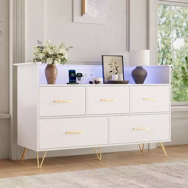47 Inch Wide Dresser for Bedroom with 5 Spacious Drawers and LED Lights, Chest of Drawers with Built-in Charging Station, Freestanding Cabinet