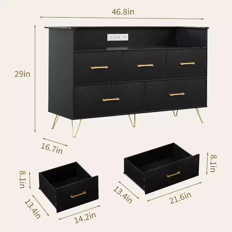 47 Inch Wide Dresser for Bedroom with 5 Spacious Drawers and LED Lights, Chest of Drawers with Built-in Charging Station, Freestanding Cabinet