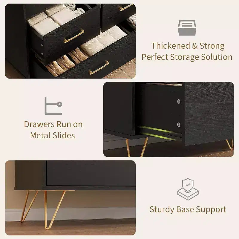 47 Inch Wide Dresser for Bedroom with 5 Spacious Drawers and LED Lights, Chest of Drawers with Built-in Charging Station, Freestanding Cabinet