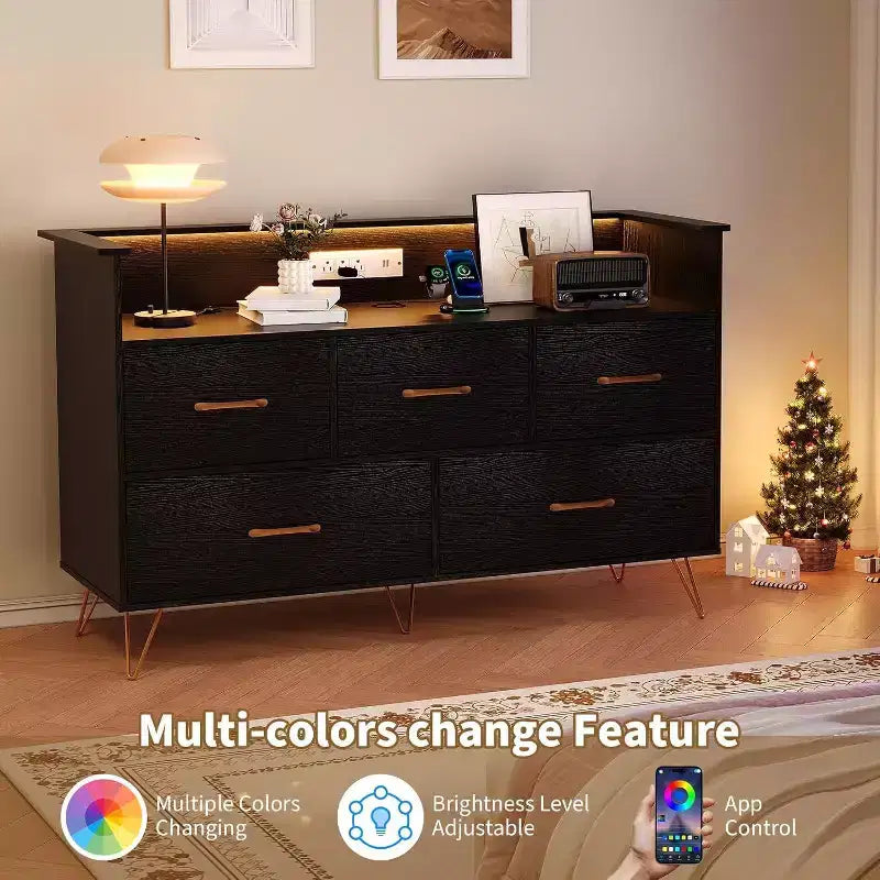 47 Inch Wide Dresser for Bedroom with 5 Spacious Drawers and LED Lights, Chest of Drawers with Built-in Charging Station, Freestanding Cabinet