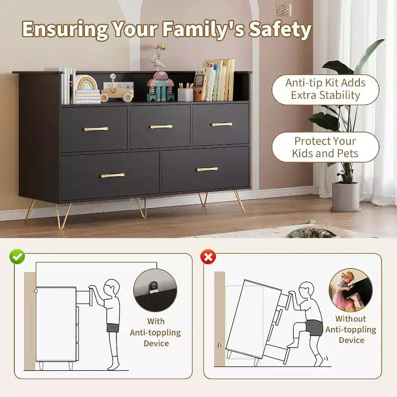 47 Inch Wide Dresser for Bedroom with 5 Spacious Drawers and LED Lights, Chest of Drawers with Built-in Charging Station, Freestanding Cabinet