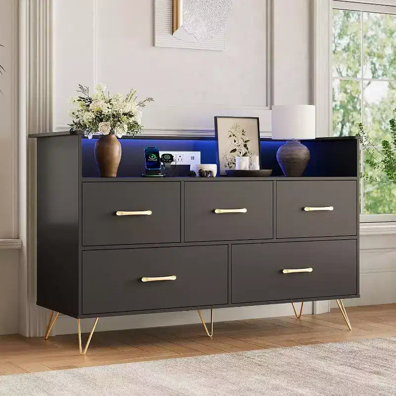 47 Inch Wide Dresser for Bedroom with 5 Spacious Drawers and LED Lights, Chest of Drawers with Built-in Charging Station, Freestanding Cabinet