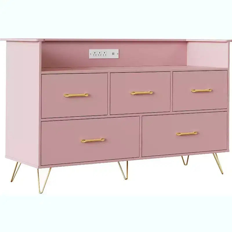 47 Inch Wide Dresser for Bedroom with 5 Spacious Drawers and LED Lights, Chest of Drawers with Built-in Charging Station, Freestanding Cabinet