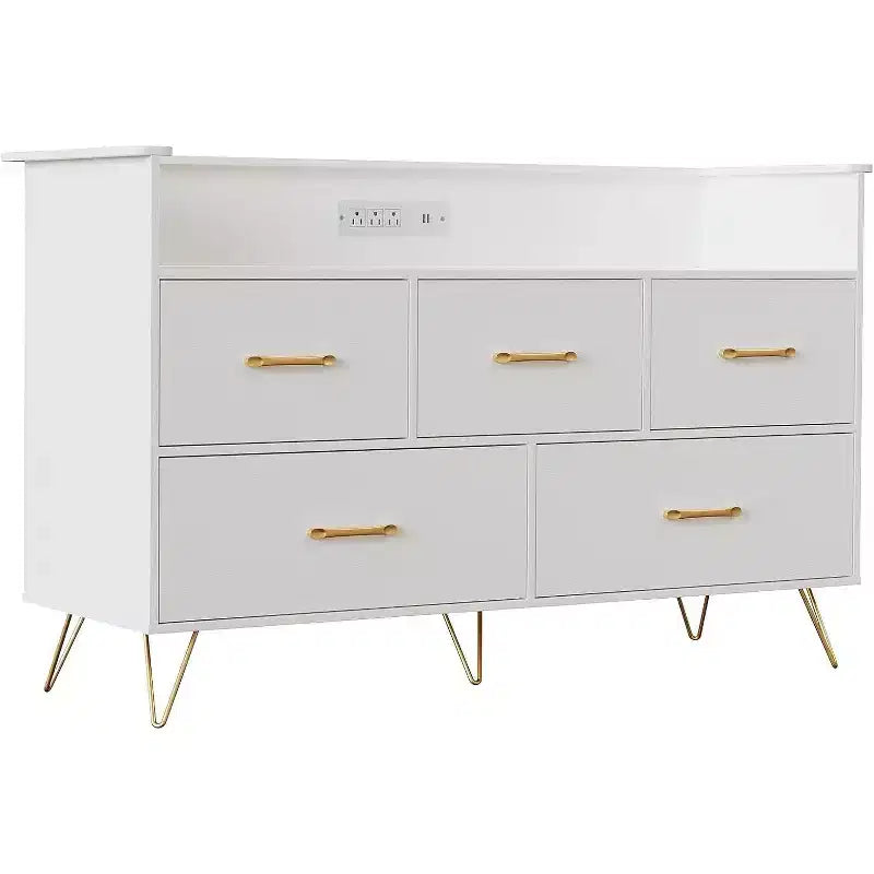 47 Inch Wide Dresser for Bedroom with 5 Spacious Drawers and LED Lights, Chest of Drawers with Built-in Charging Station, Freestanding Cabinet
