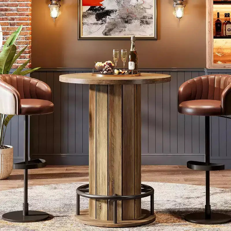 39.4 H Round Bar Table, Wood Bistro Pub Table with Metal Ring Footrest for Dining Cocktail Living Room, Small Space,(Only Table)