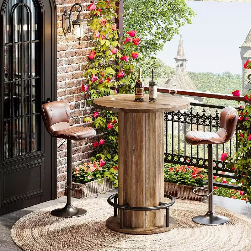 39.4 H Round Bar Table, Wood Bistro Pub Table with Metal Ring Footrest for Dining Cocktail Living Room, Small Space,(Only Table)