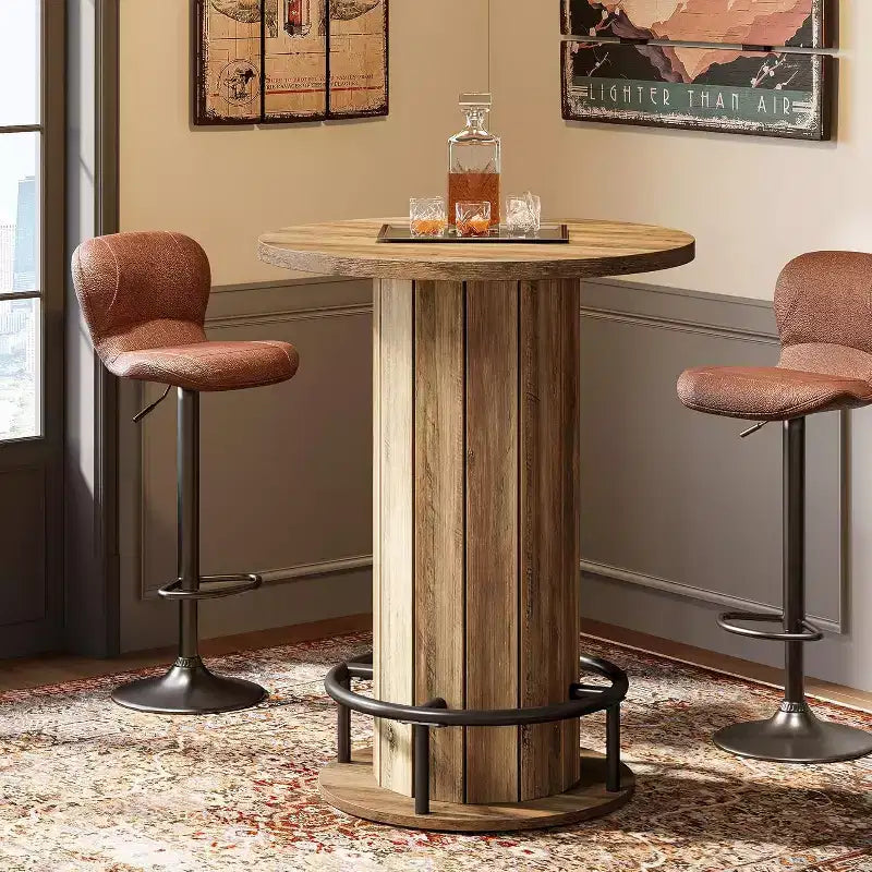 39.4 H Round Bar Table, Wood Bistro Pub Table with Metal Ring Footrest for Dining Cocktail Living Room, Small Space,(Only Table)