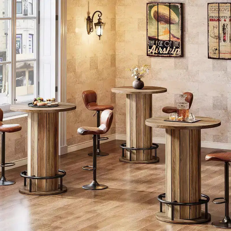 39.4 H Round Bar Table, Wood Bistro Pub Table with Metal Ring Footrest for Dining Cocktail Living Room, Small Space,(Only Table)