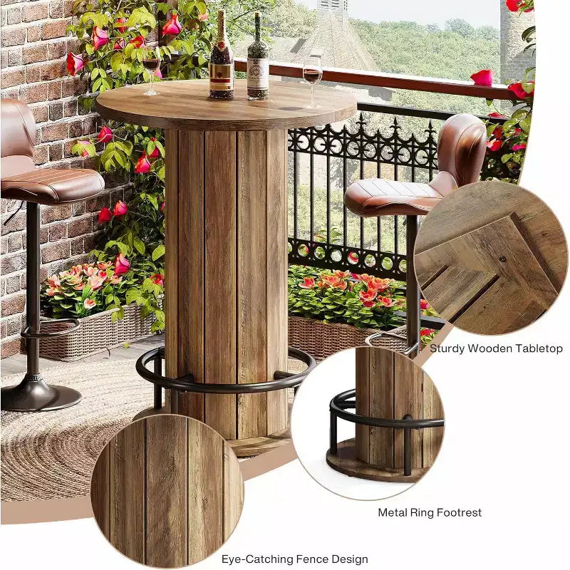 39.4 H Round Bar Table, Wood Bistro Pub Table with Metal Ring Footrest for Dining Cocktail Living Room, Small Space,(Only Table)