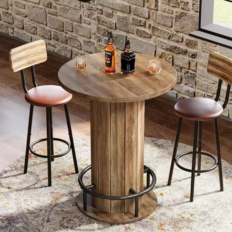 39.4 H Round Bar Table, Wood Bistro Pub Table with Metal Ring Footrest for Dining Cocktail Living Room, Small Space,(Only Table)