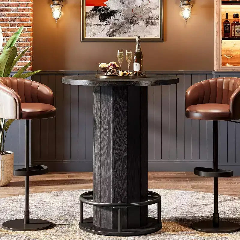 39.4 H Round Bar Table, Wood Bistro Pub Table with Metal Ring Footrest for Dining Cocktail Living Room, Small Space,(Only Table)