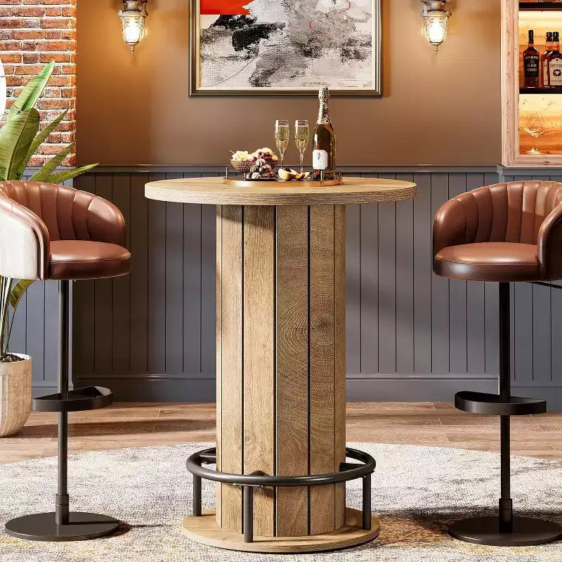 39.4 H Round Bar Table, Wood Bistro Pub Table with Metal Ring Footrest for Dining Cocktail Living Room, Small Space,(Only Table)