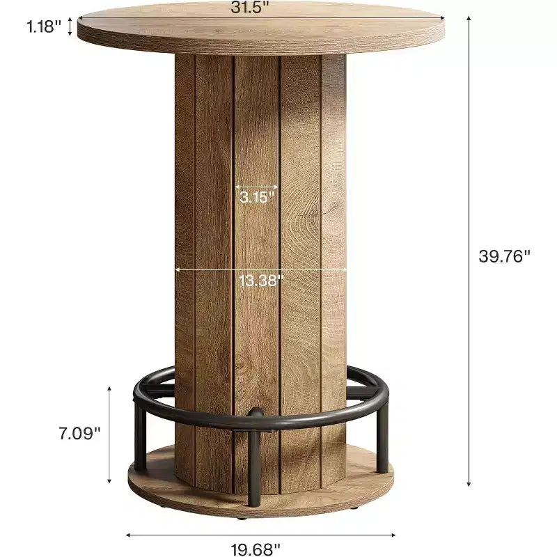 39.4 H Round Bar Table, Wood Bistro Pub Table with Metal Ring Footrest for Dining Cocktail Living Room, Small Space,(Only Table)