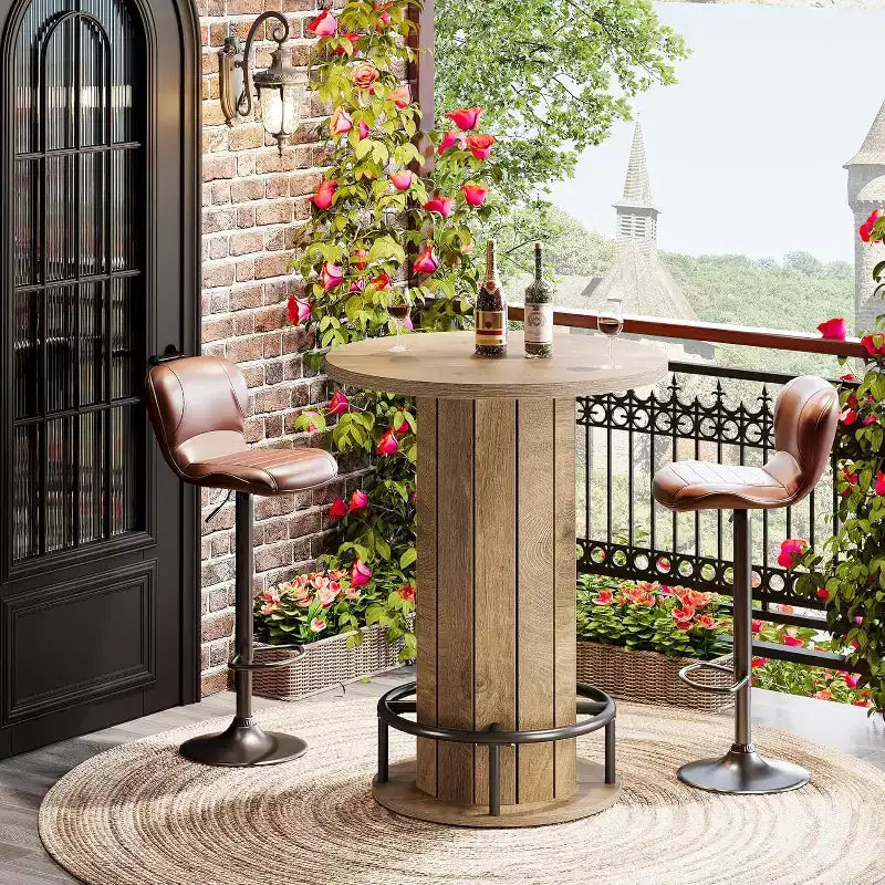 39.4 H Round Bar Table, Wood Bistro Pub Table with Metal Ring Footrest for Dining Cocktail Living Room, Small Space,(Only Table)