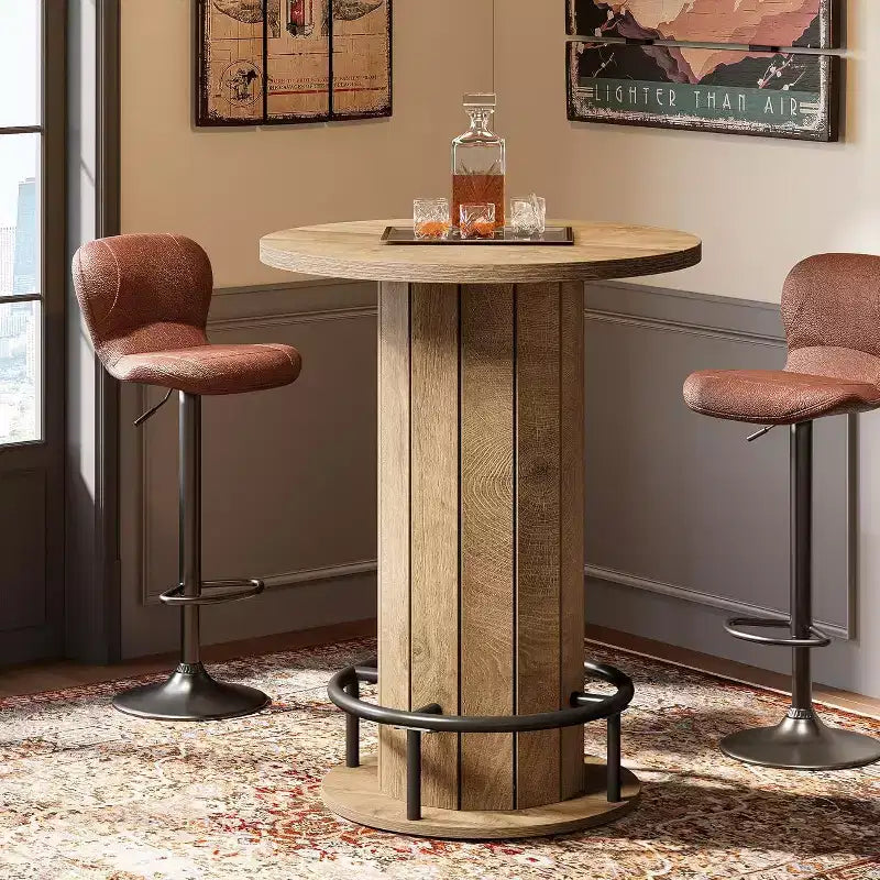 39.4 H Round Bar Table, Wood Bistro Pub Table with Metal Ring Footrest for Dining Cocktail Living Room, Small Space,(Only Table)