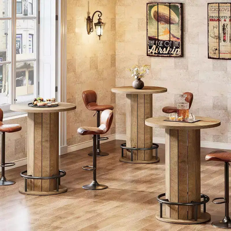 39.4 H Round Bar Table, Wood Bistro Pub Table with Metal Ring Footrest for Dining Cocktail Living Room, Small Space,(Only Table)