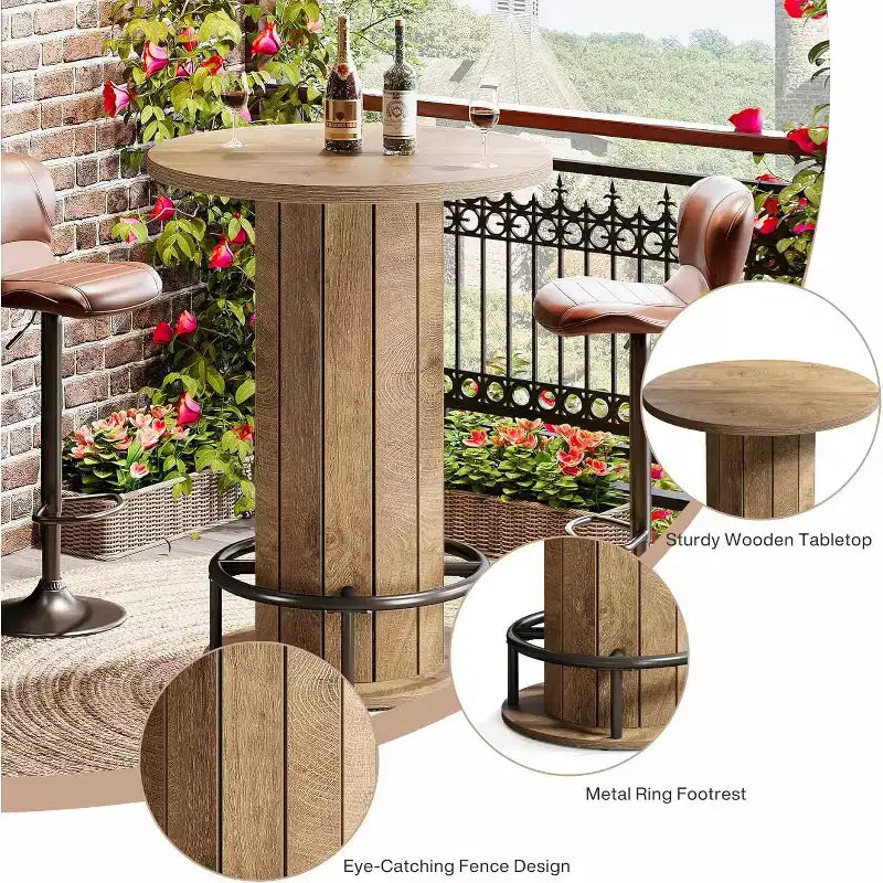 39.4 H Round Bar Table, Wood Bistro Pub Table with Metal Ring Footrest for Dining Cocktail Living Room, Small Space,(Only Table)