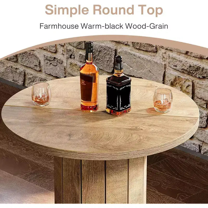 39.4 H Round Bar Table, Wood Bistro Pub Table with Metal Ring Footrest for Dining Cocktail Living Room, Small Space,(Only Table)