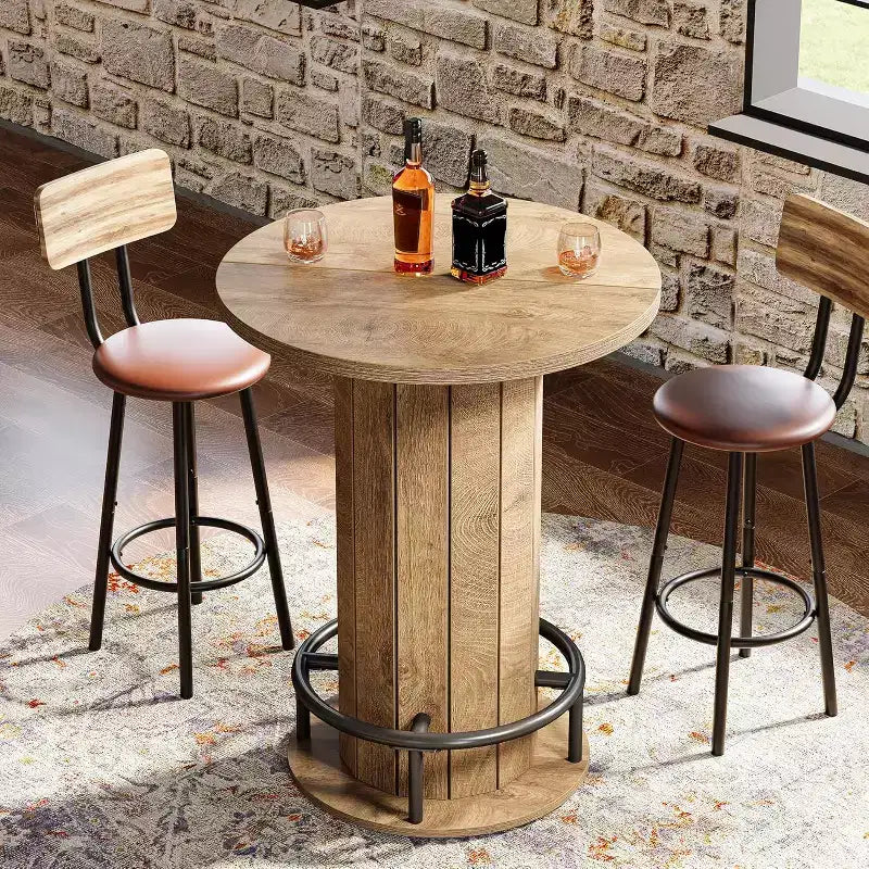 39.4 H Round Bar Table, Wood Bistro Pub Table with Metal Ring Footrest for Dining Cocktail Living Room, Small Space,(Only Table)