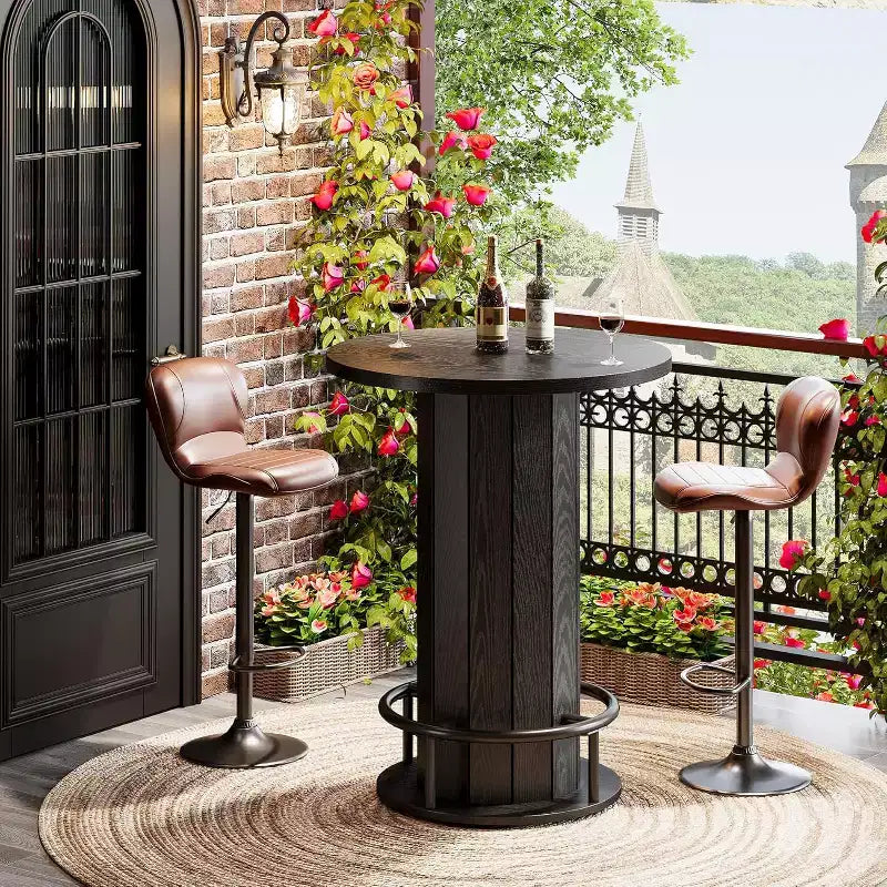39.4 H Round Bar Table, Wood Bistro Pub Table with Metal Ring Footrest for Dining Cocktail Living Room, Small Space,(Only Table)
