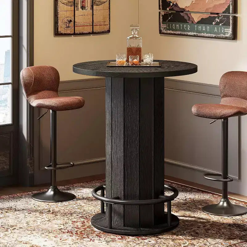 39.4 H Round Bar Table, Wood Bistro Pub Table with Metal Ring Footrest for Dining Cocktail Living Room, Small Space,(Only Table)