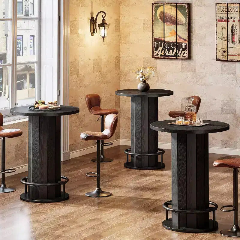 39.4 H Round Bar Table, Wood Bistro Pub Table with Metal Ring Footrest for Dining Cocktail Living Room, Small Space,(Only Table)