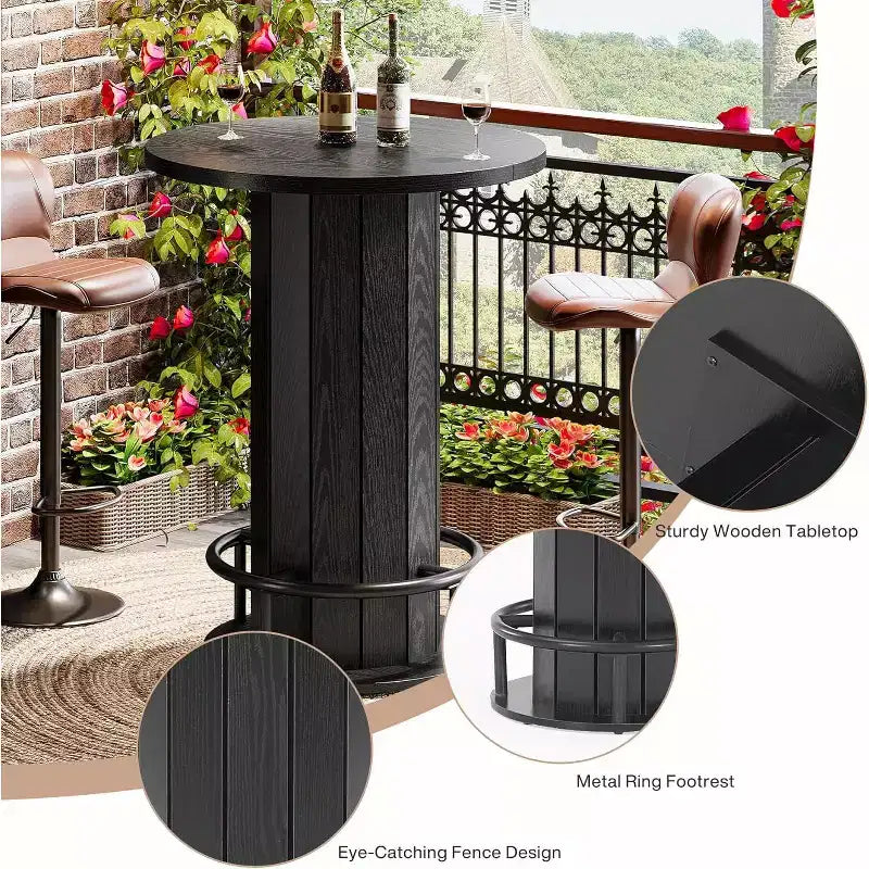 39.4 H Round Bar Table, Wood Bistro Pub Table with Metal Ring Footrest for Dining Cocktail Living Room, Small Space,(Only Table)