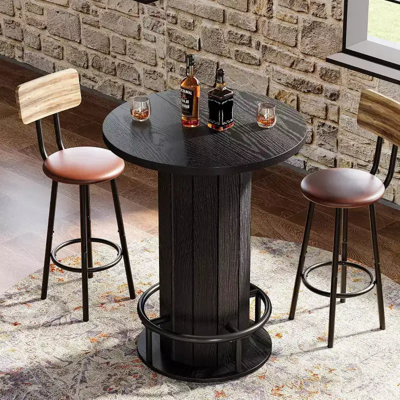 39.4 H Round Bar Table, Wood Bistro Pub Table with Metal Ring Footrest for Dining Cocktail Living Room, Small Space,(Only Table)